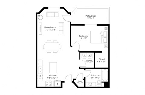 Floor plan for 1 bed, 1 bath, 800 sqft
